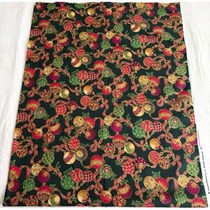 Vtg Concord Fabrics Sharon Kessler Christmas Ornaments Ribbons Green Gold 1.5yd